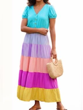 Thaís Rodrigues Colorblock Tiered Maxi Dress Pastel Easter Modest Size Petite